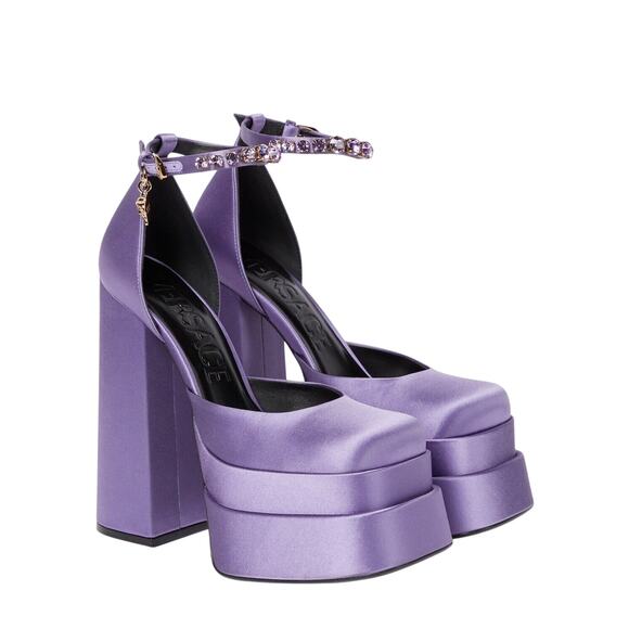 NIB Versace Aevitas IT 37.5 US 7.5 Platform Purple Orchid Satin Pump Crystal - Picture 1 of 16